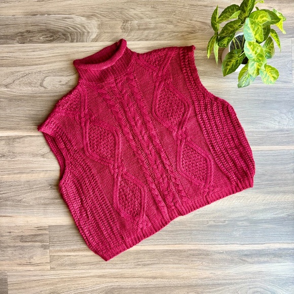 She + Sky Mock Neck Sleeveless Drop Shoulder Cable Sweater Vest Burgundy Size L - Picture 2 of 10